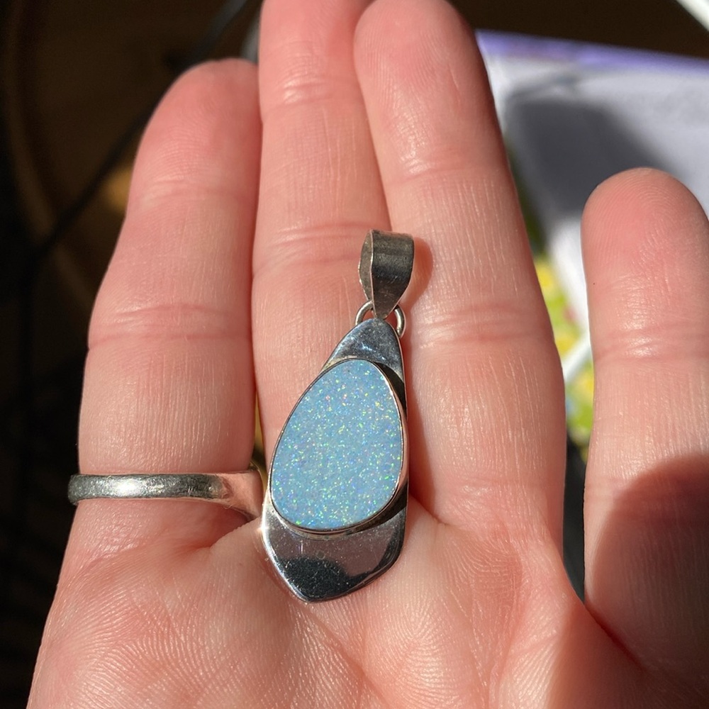 ARTISAN sterling pendant with blue gray opalescent stone. Unique and beautiful!!